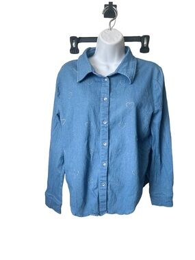 Alice Blue,  Denim Button-Up Top with Rhinestone Hearts, Sz S